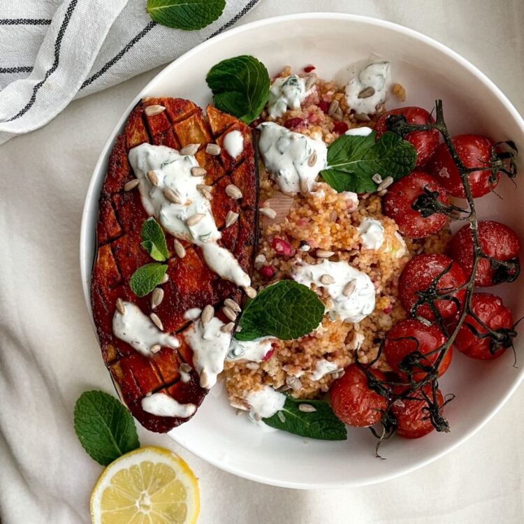 Couscous met gegrilde harissa aubergine Groen Fatsoen