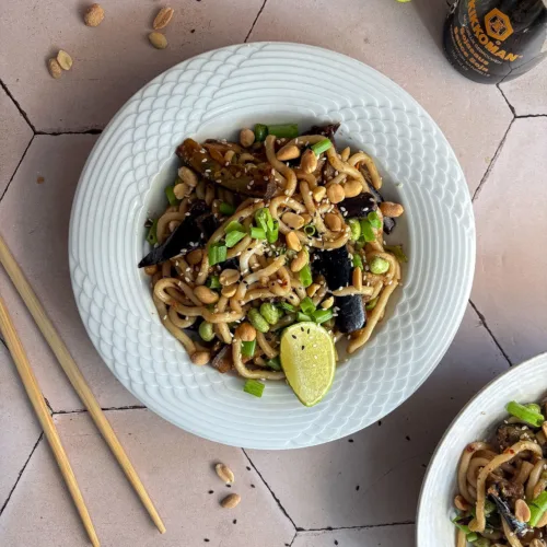 sticky aubergine udon noodles