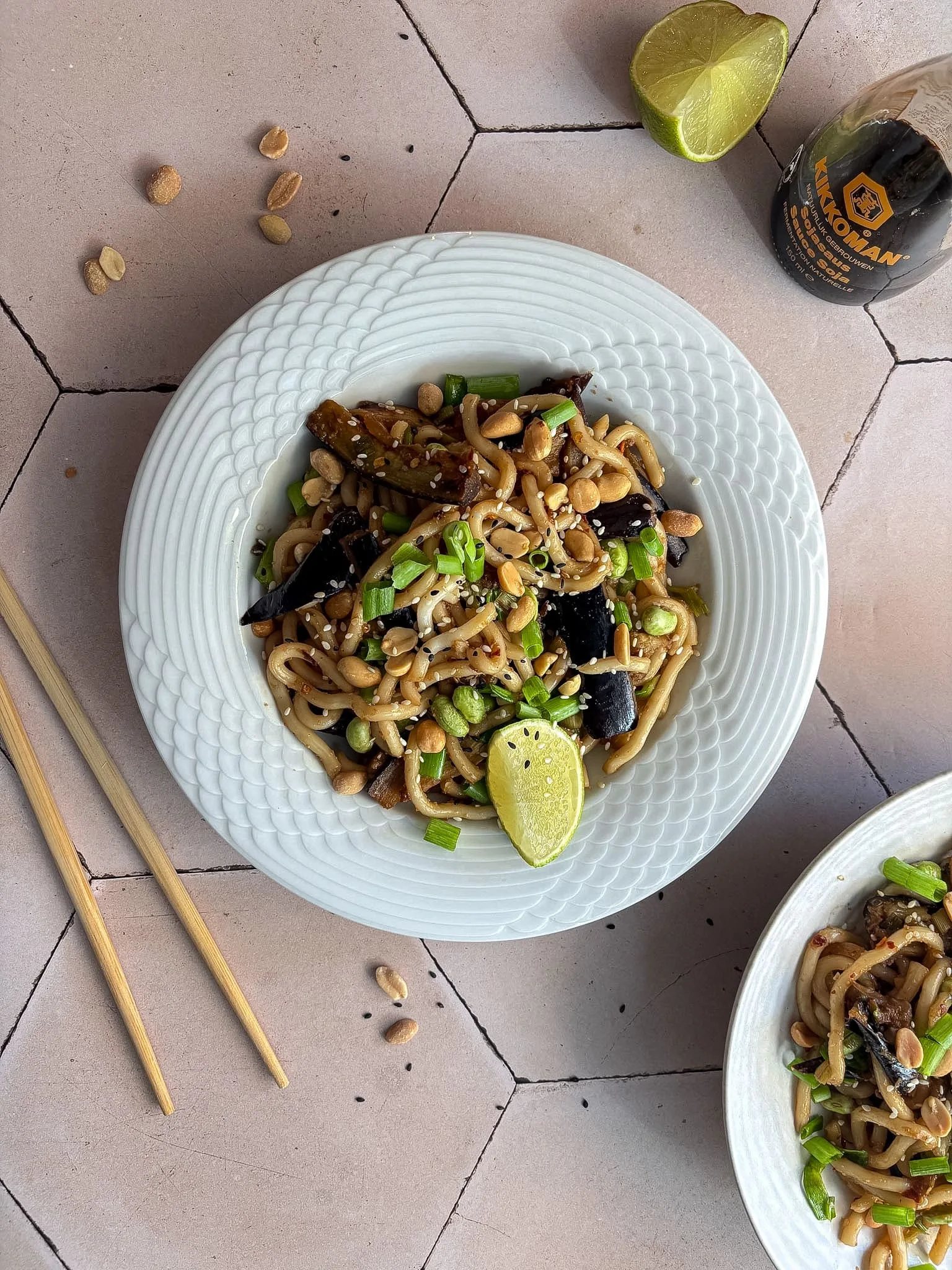 sticky aubergine udon noodles